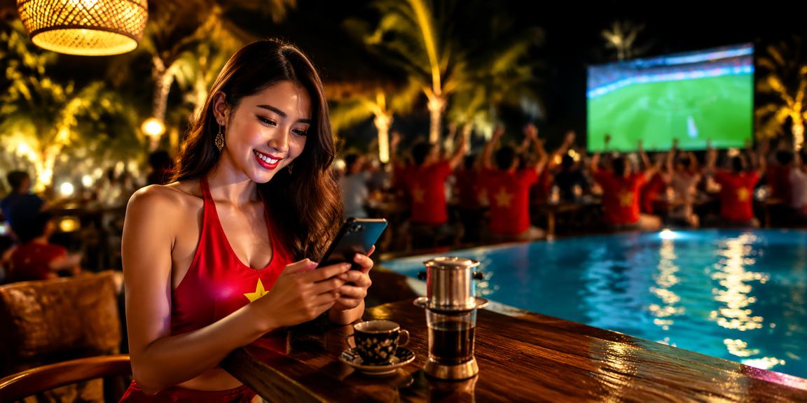 Người dùng thư giãn tại Mũi Né với ly cà phê và điện thoại rút tiền casino